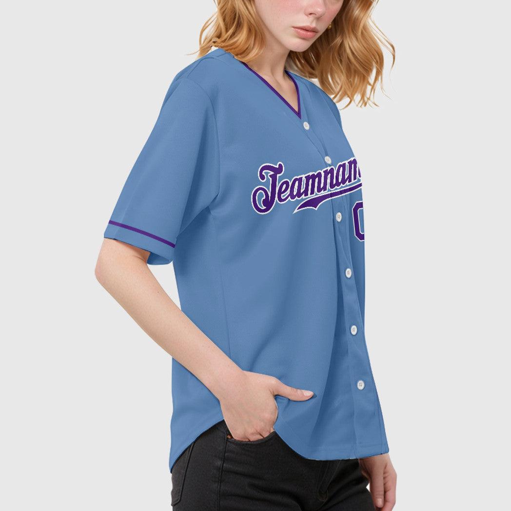 Custom Powder Blue White Purple Collar Sleeve Baseball Jersey