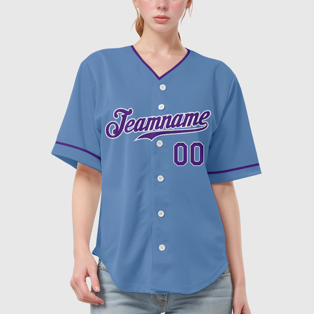Custom Powder Blue White Purple Collar Sleeve Baseball Jersey