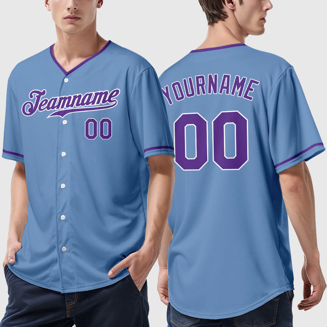 Custom Powder Blue White Purple Collar Sleeve Baseball Jersey