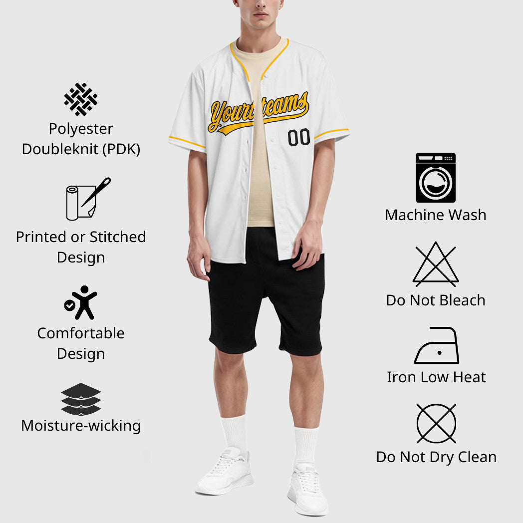 Custom White Black Gold Collar Sleeve Baseball Jersey