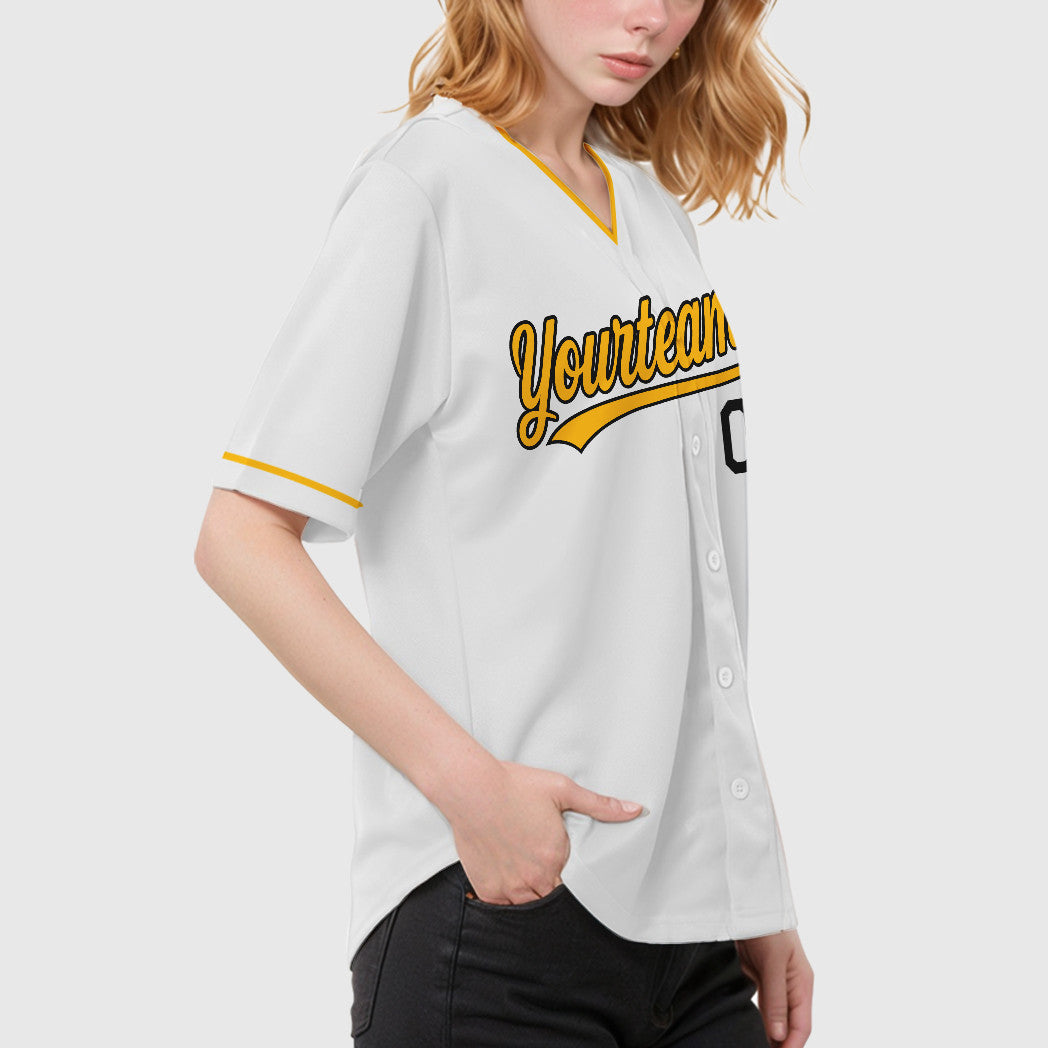 Custom White Black Gold Collar Sleeve Baseball Jersey