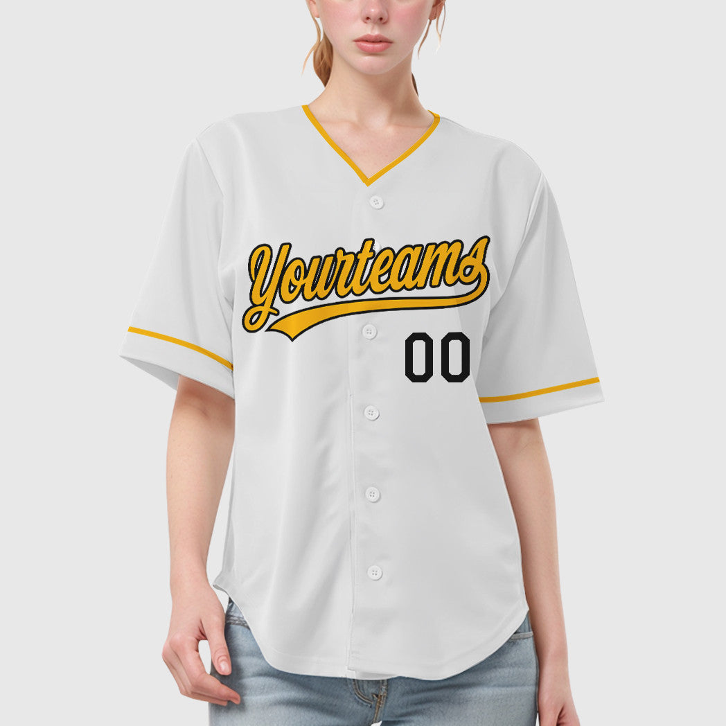 Custom White Black Gold Collar Sleeve Baseball Jersey
