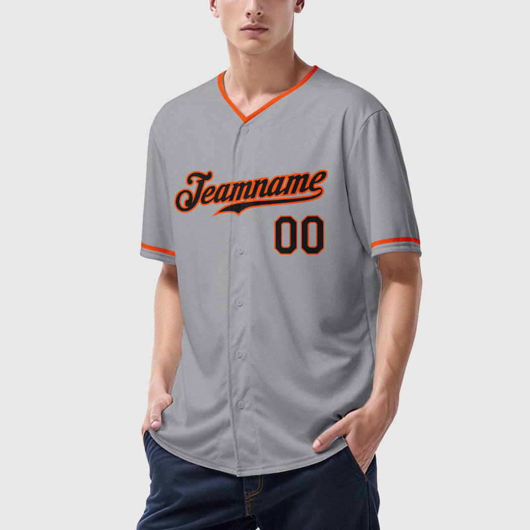 Custom Gray Black Black-Orange Collar Sleeve Baseball Jersey