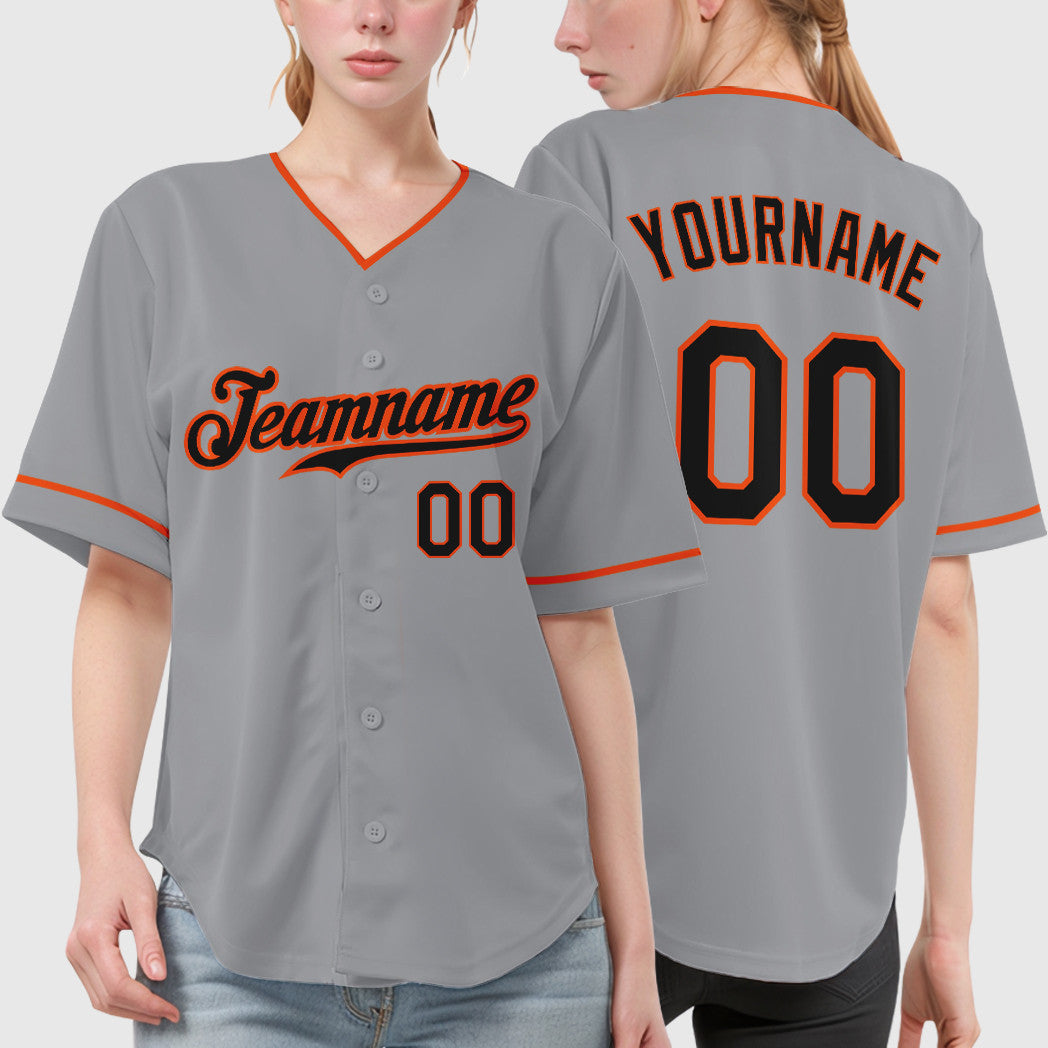 Custom Gray Black Black-Orange Collar Sleeve Baseball Jersey