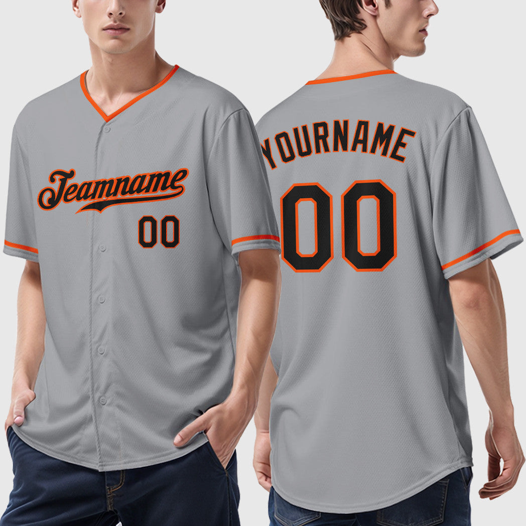 Custom Gray Black Black-Orange Collar Sleeve Baseball Jersey