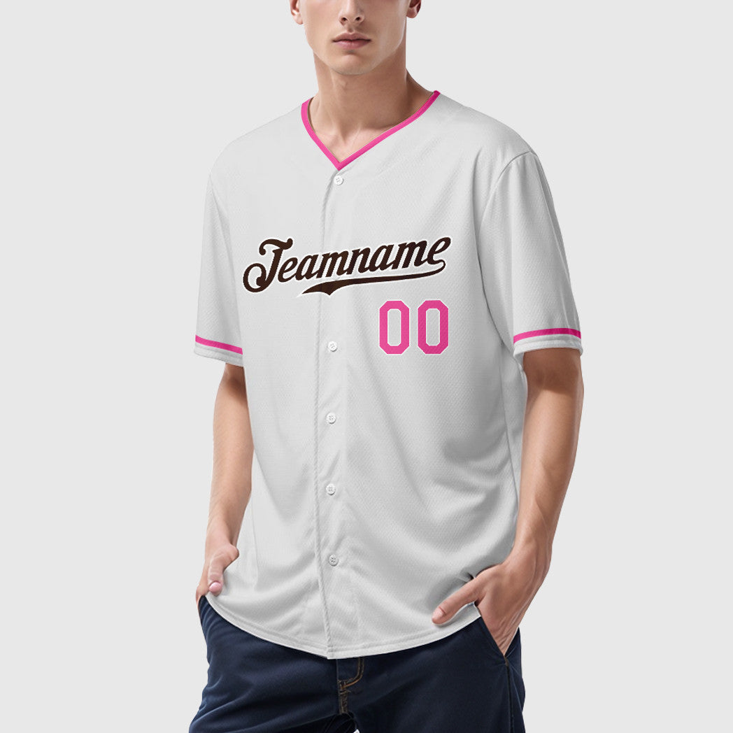 Custom White Brown Pink Collar Sleeve Baseball Jersey