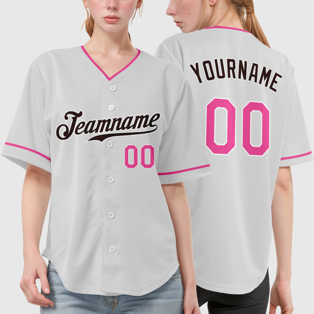 Custom White Brown Pink Collar Sleeve Baseball Jersey