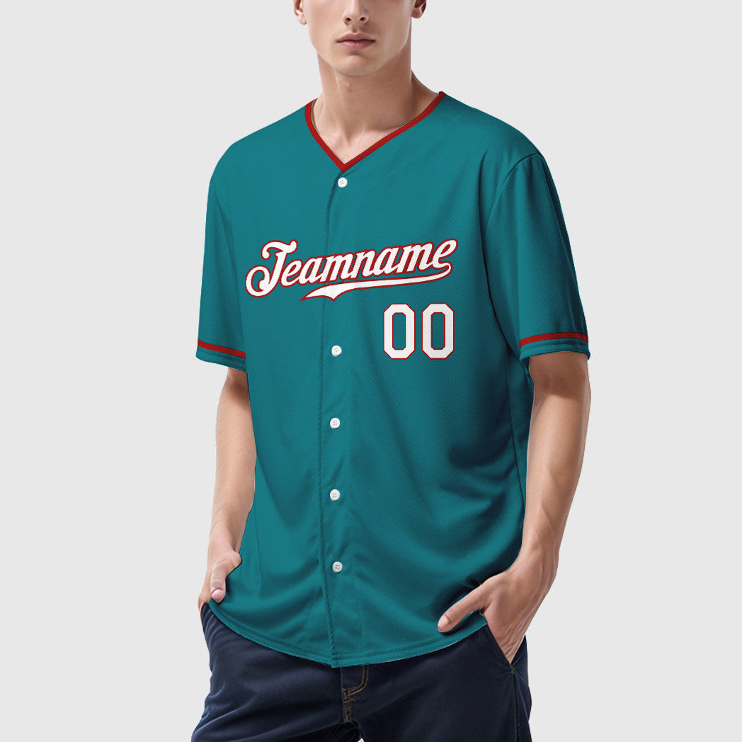 Custom Teal White White-Red Collar Sleeve Baseball Jersey