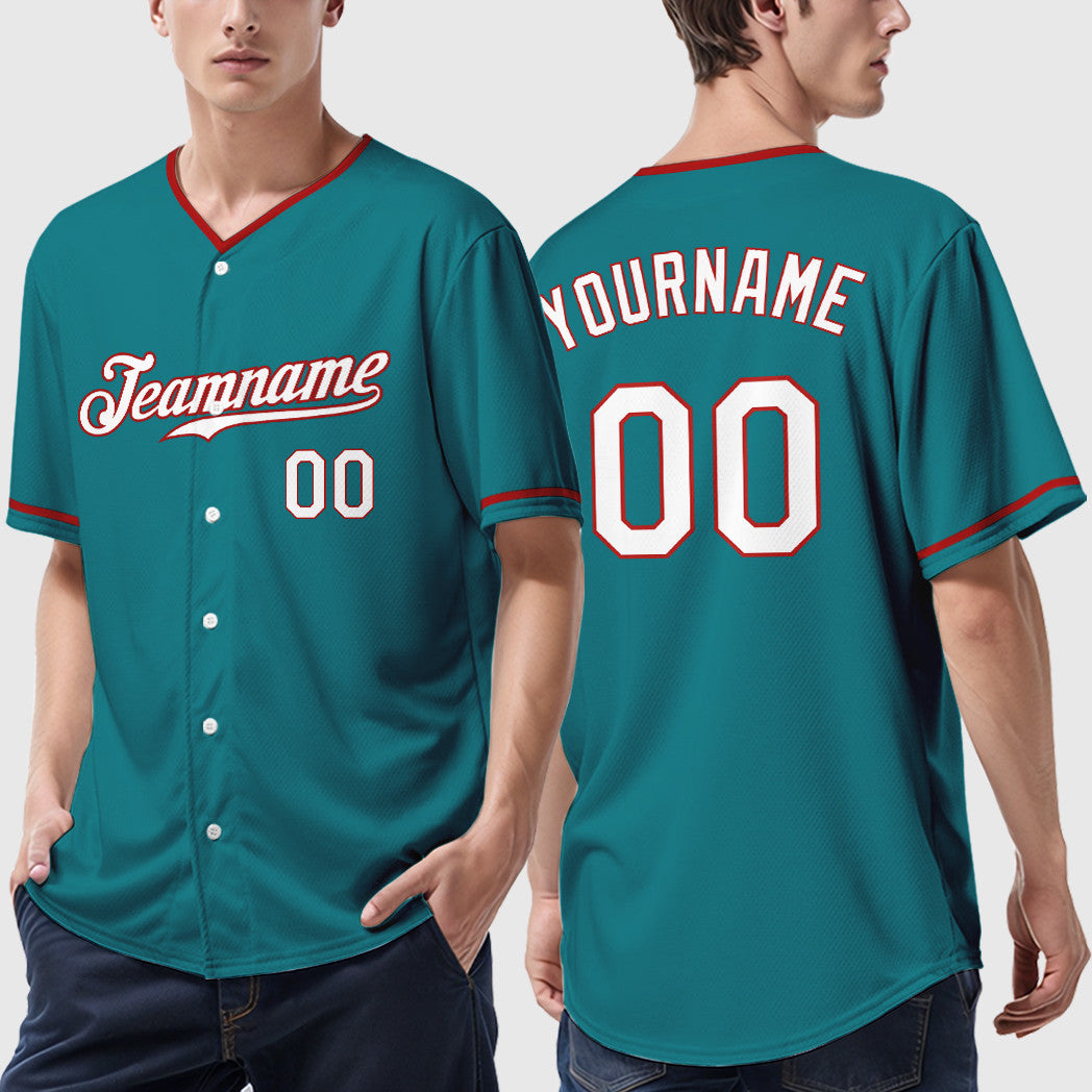 Custom Teal White White-Red Collar Sleeve Baseball Jersey
