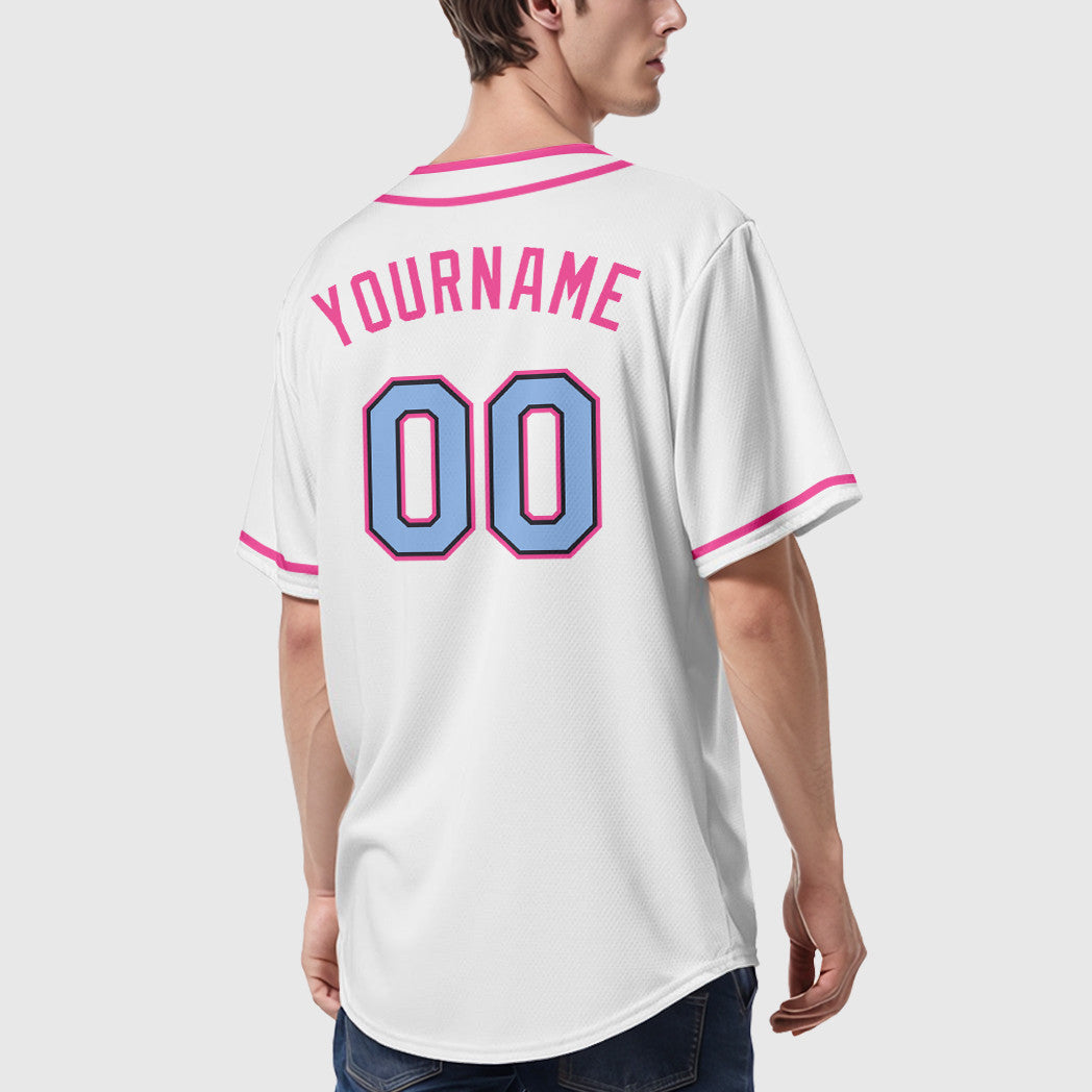 Custom White Light Blue Light Blue Black-Pink Piping Baseball Jersey