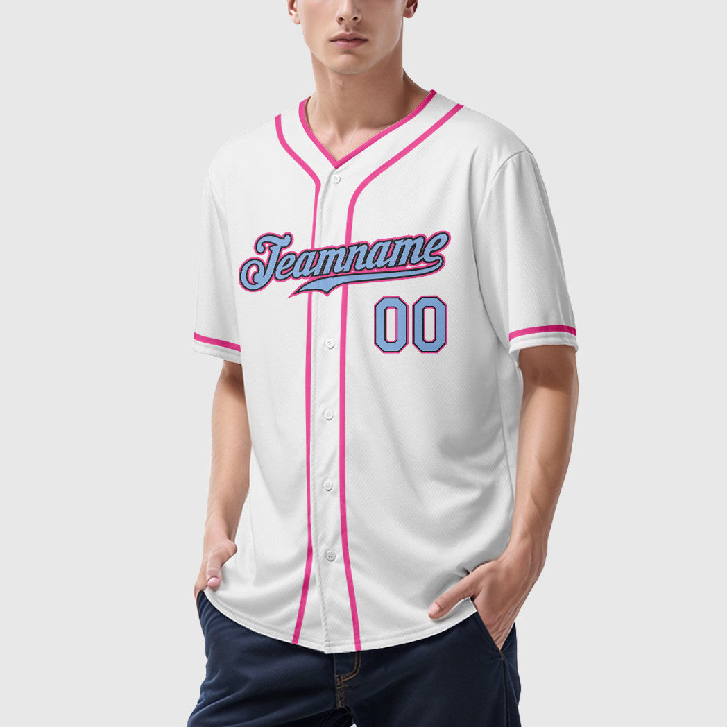 Custom White Light Blue Light Blue Black-Pink Piping Baseball Jersey