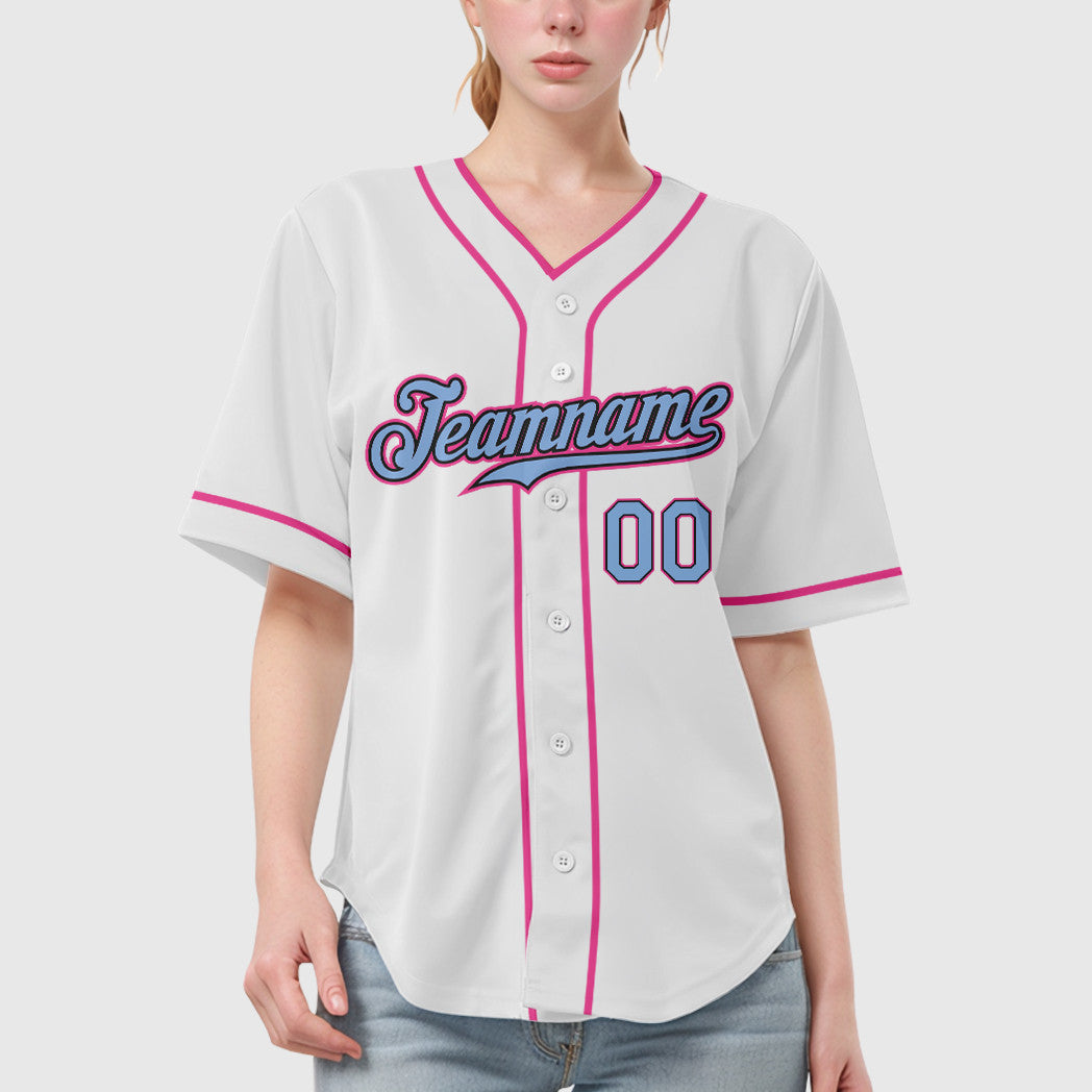 Custom White Light Blue Light Blue Black-Pink Piping Baseball Jersey