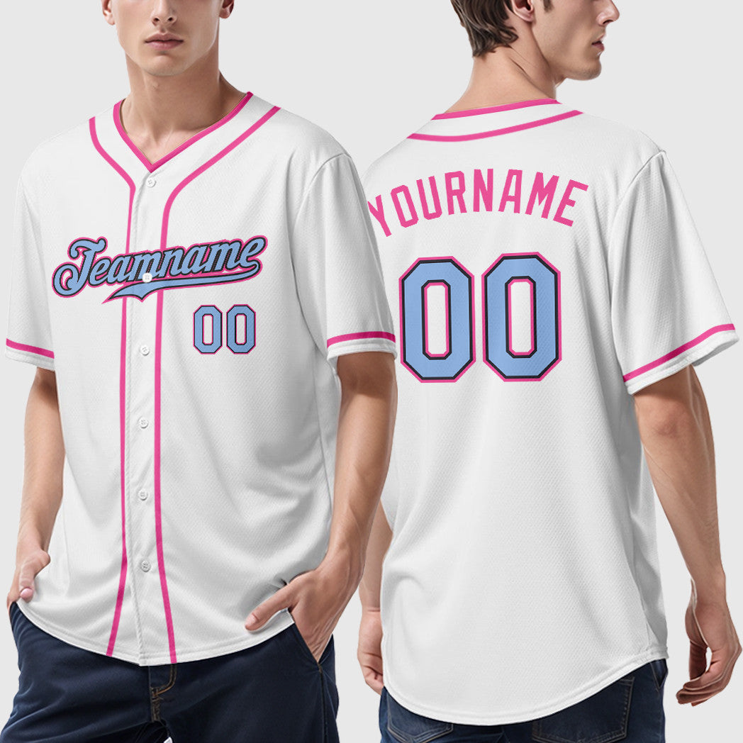 Custom White Light Blue Light Blue Black-Pink Piping Baseball Jersey