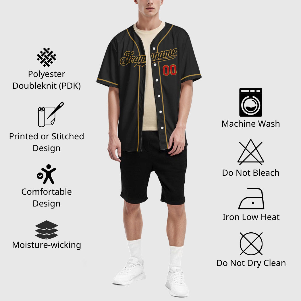 Custom Black Old Gold Red-Old Gold Sleeve Baseball Jersey