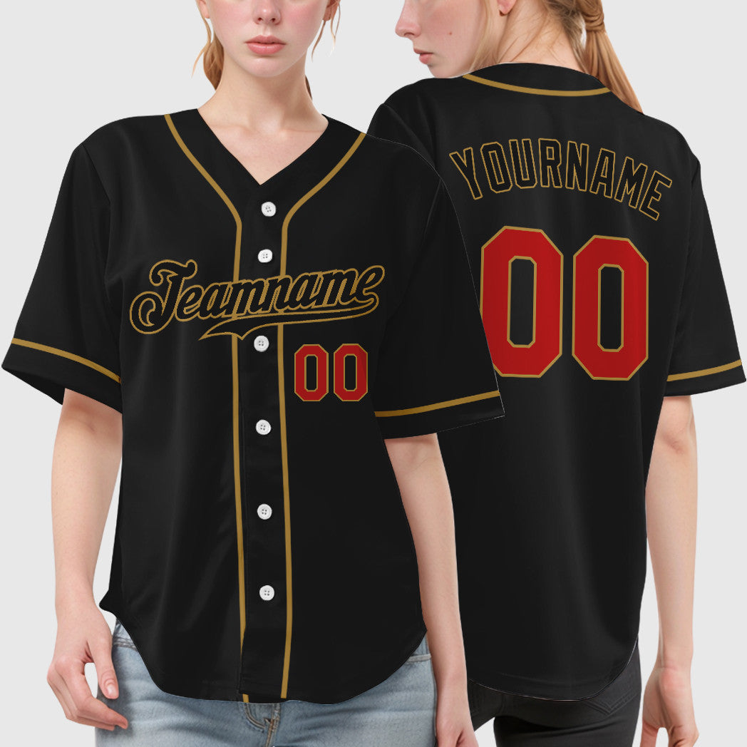 Custom Black Old Gold Red-Old Gold Sleeve Baseball Jersey