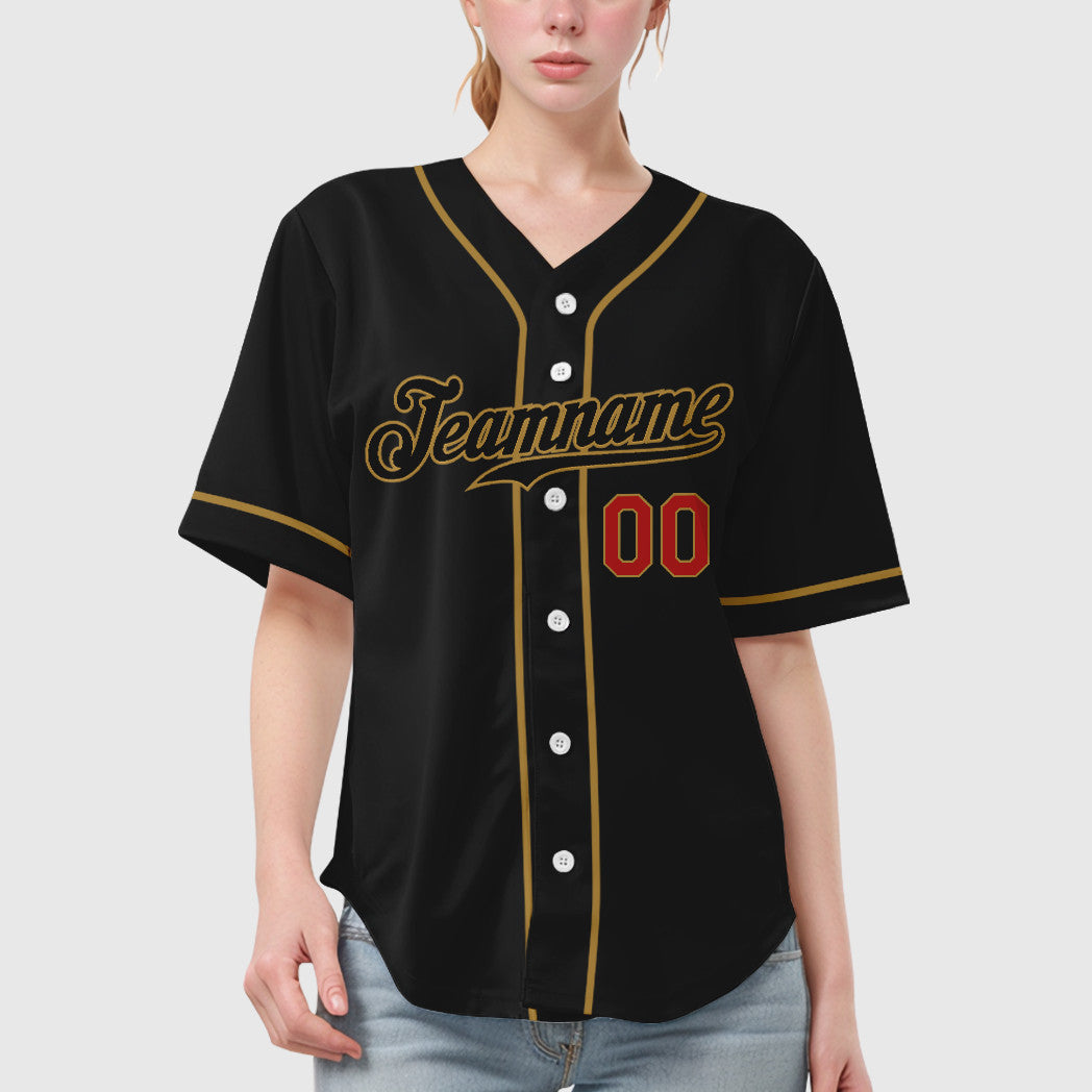 Custom Black Old Gold Red-Old Gold Sleeve Baseball Jersey