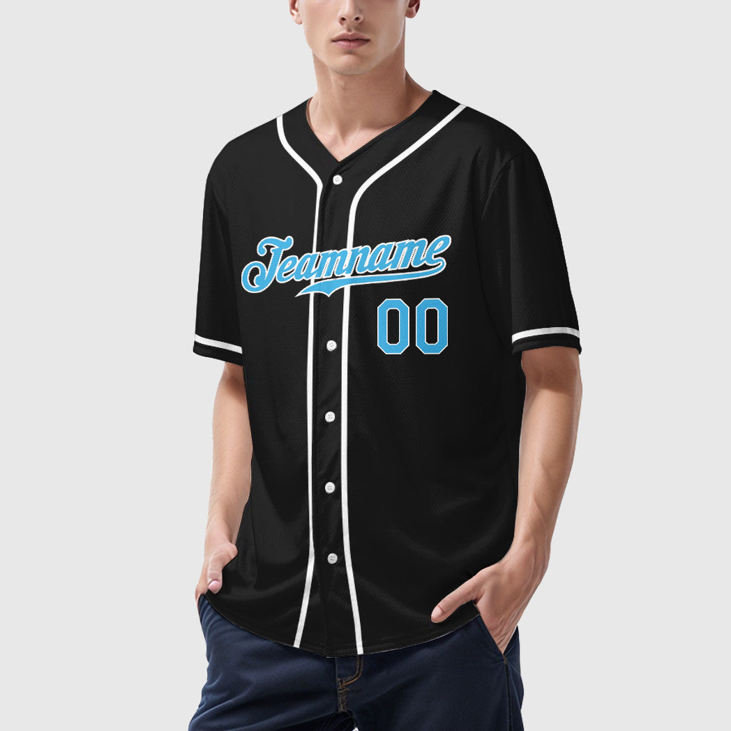 Custom Black White Pinstripe-Sky Blue Sleeve Baseball Jersey