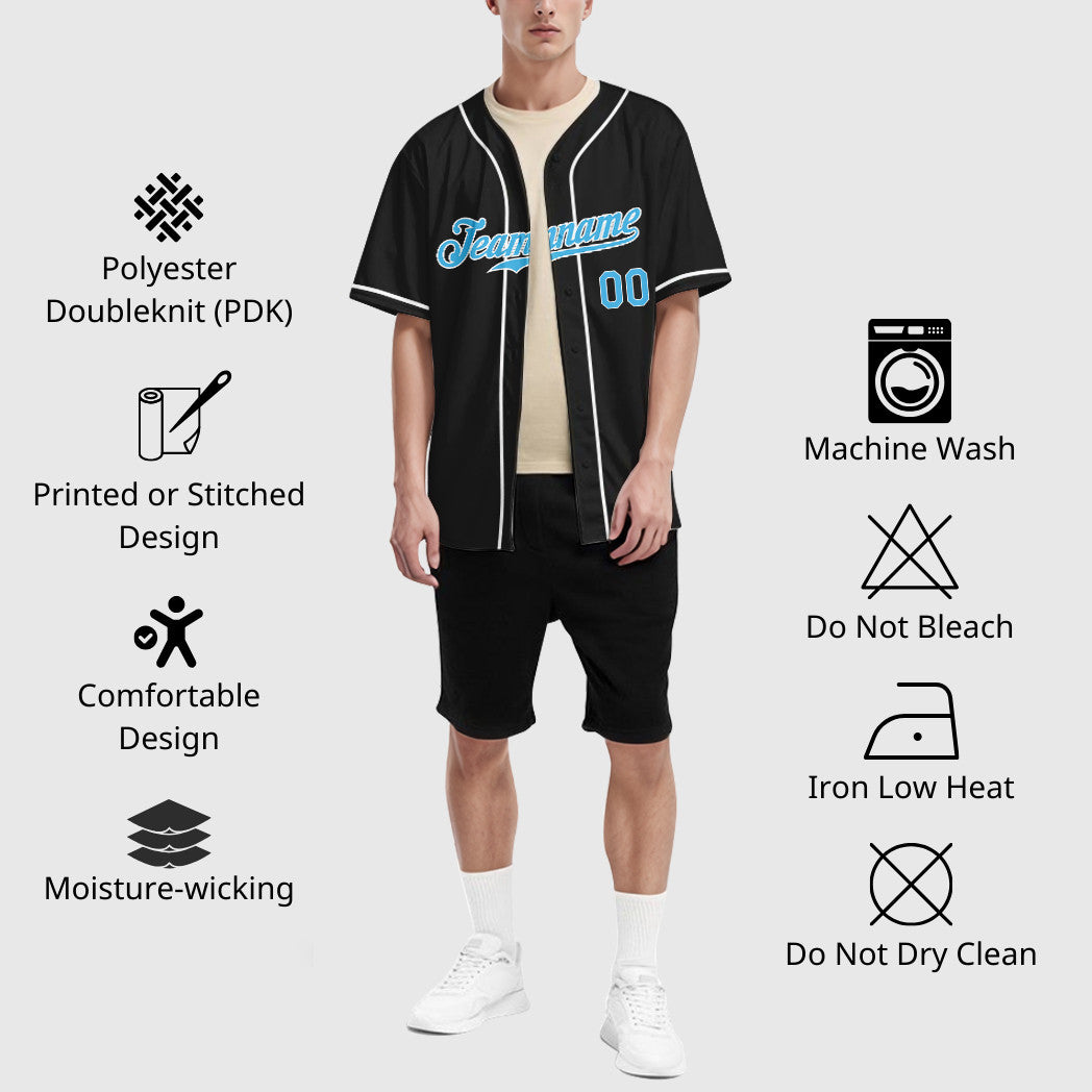 Custom Black White Pinstripe-Sky Blue Sleeve Baseball Jersey