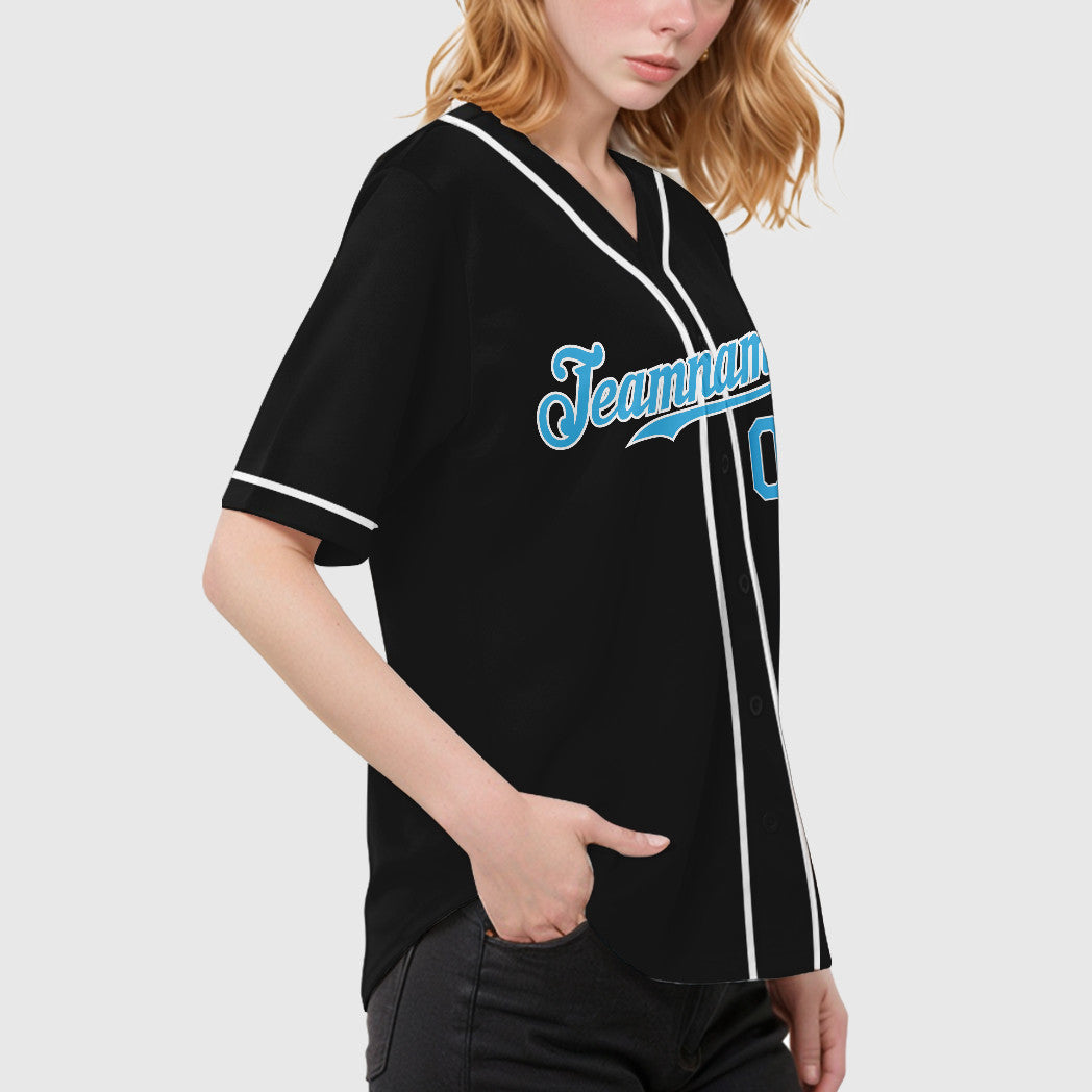 Custom Black White Pinstripe-Sky Blue Sleeve Baseball Jersey