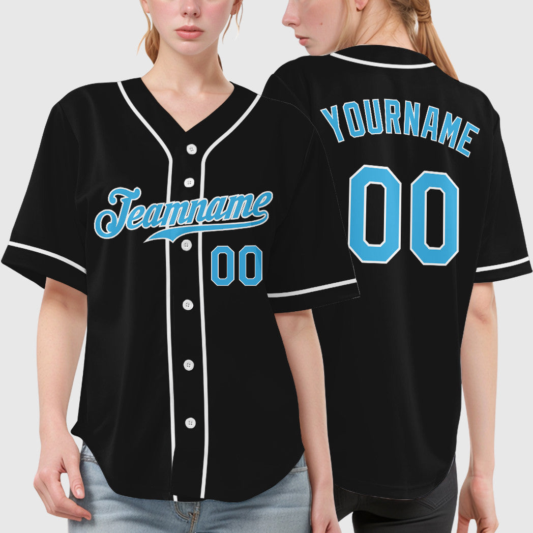 Custom Black White Pinstripe-Sky Blue Sleeve Baseball Jersey