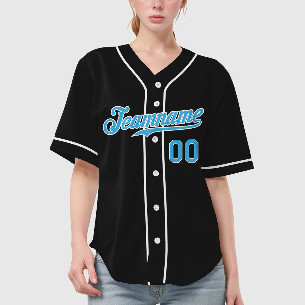Custom Black White Pinstripe-Sky Blue Sleeve Baseball Jersey