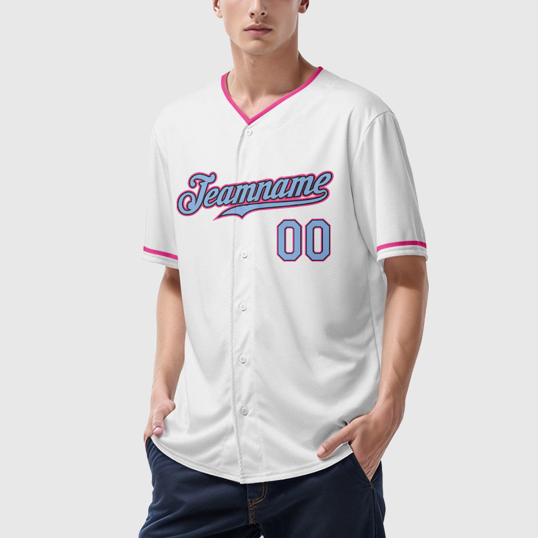 Custom White Light Blue Light Blue Black-Pink Collar Sleeve Baseball Jersey