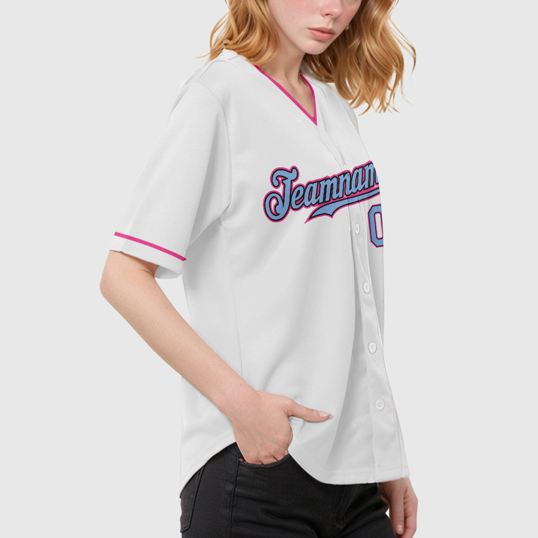 Custom White Light Blue Light Blue Black-Pink Collar Sleeve Baseball Jersey