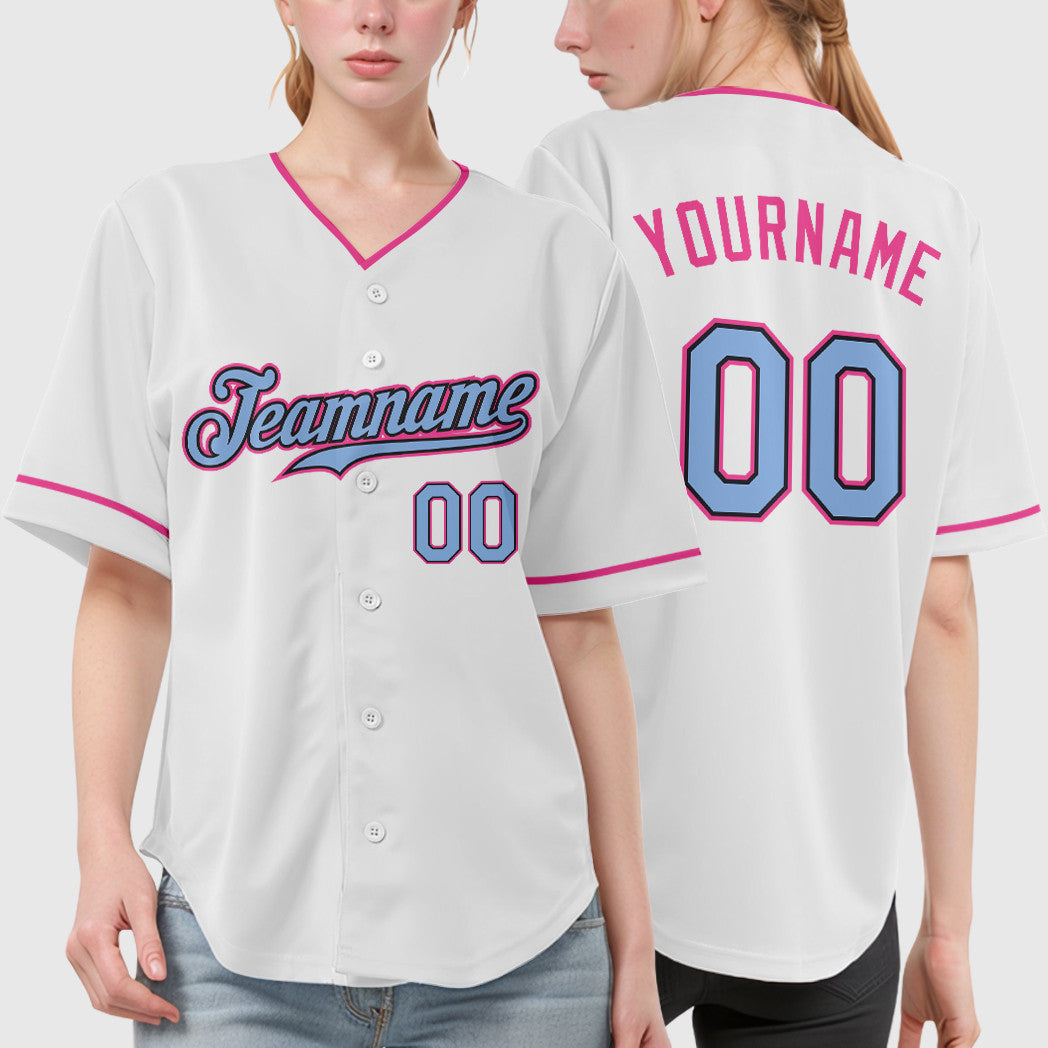 Custom White Light Blue Light Blue Black-Pink Collar Sleeve Baseball Jersey