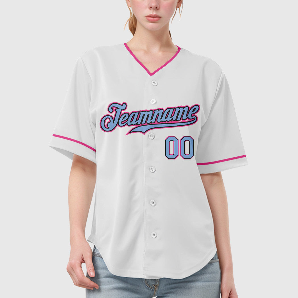 Custom White Light Blue Light Blue Black-Pink Collar Sleeve Baseball Jersey