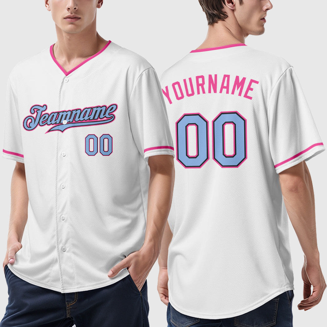Custom White Light Blue Light Blue Black-Pink Collar Sleeve Baseball Jersey