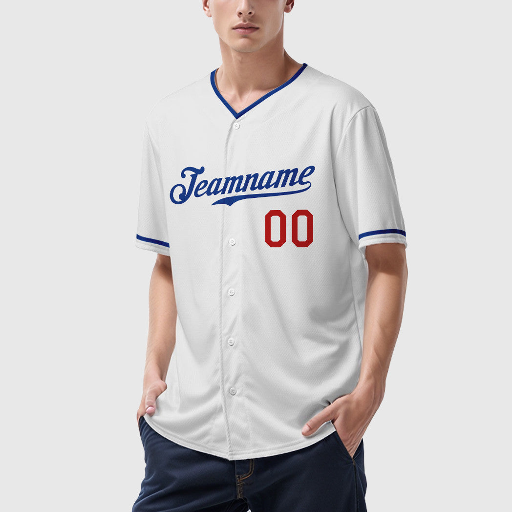 Custom White Royal Red Collar Sleeve Baseball Jersey