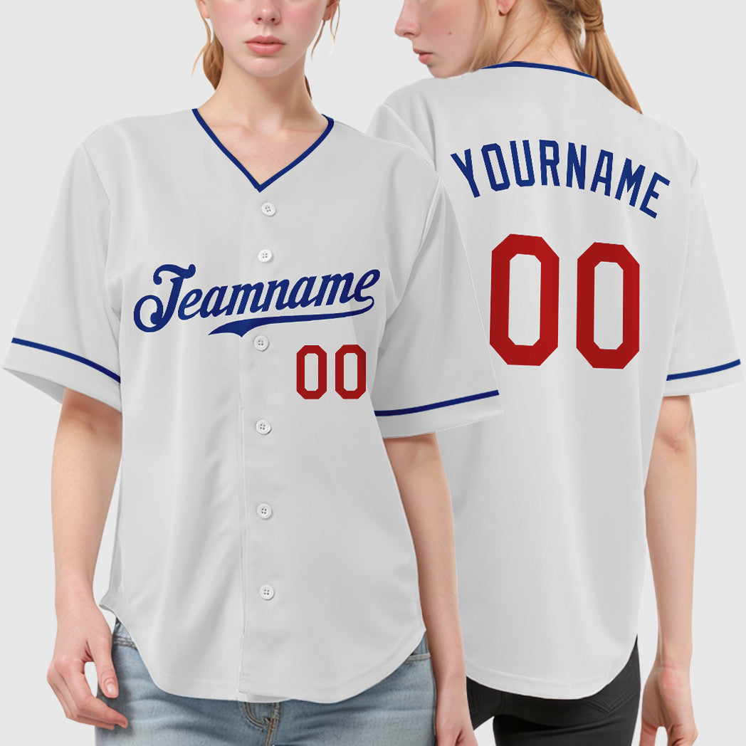 Custom White Royal Red Collar Sleeve Baseball Jersey