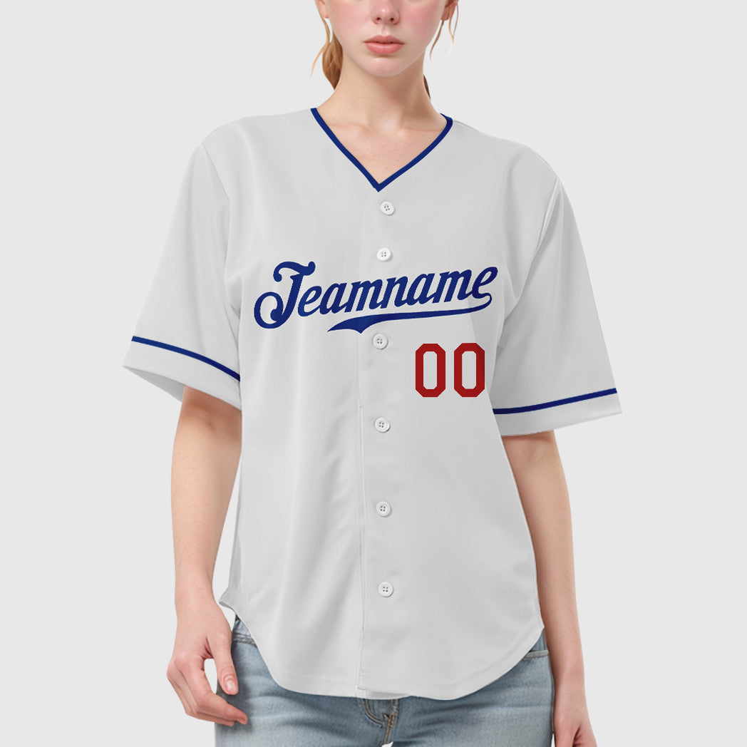 Custom White Royal Red Collar Sleeve Baseball Jersey