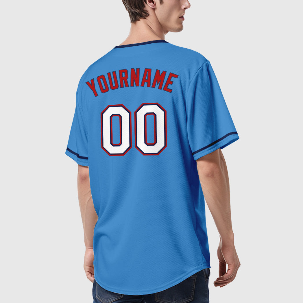 Custom Powder Blue Red White-Navy Collar Sleeve Baseball Jersey