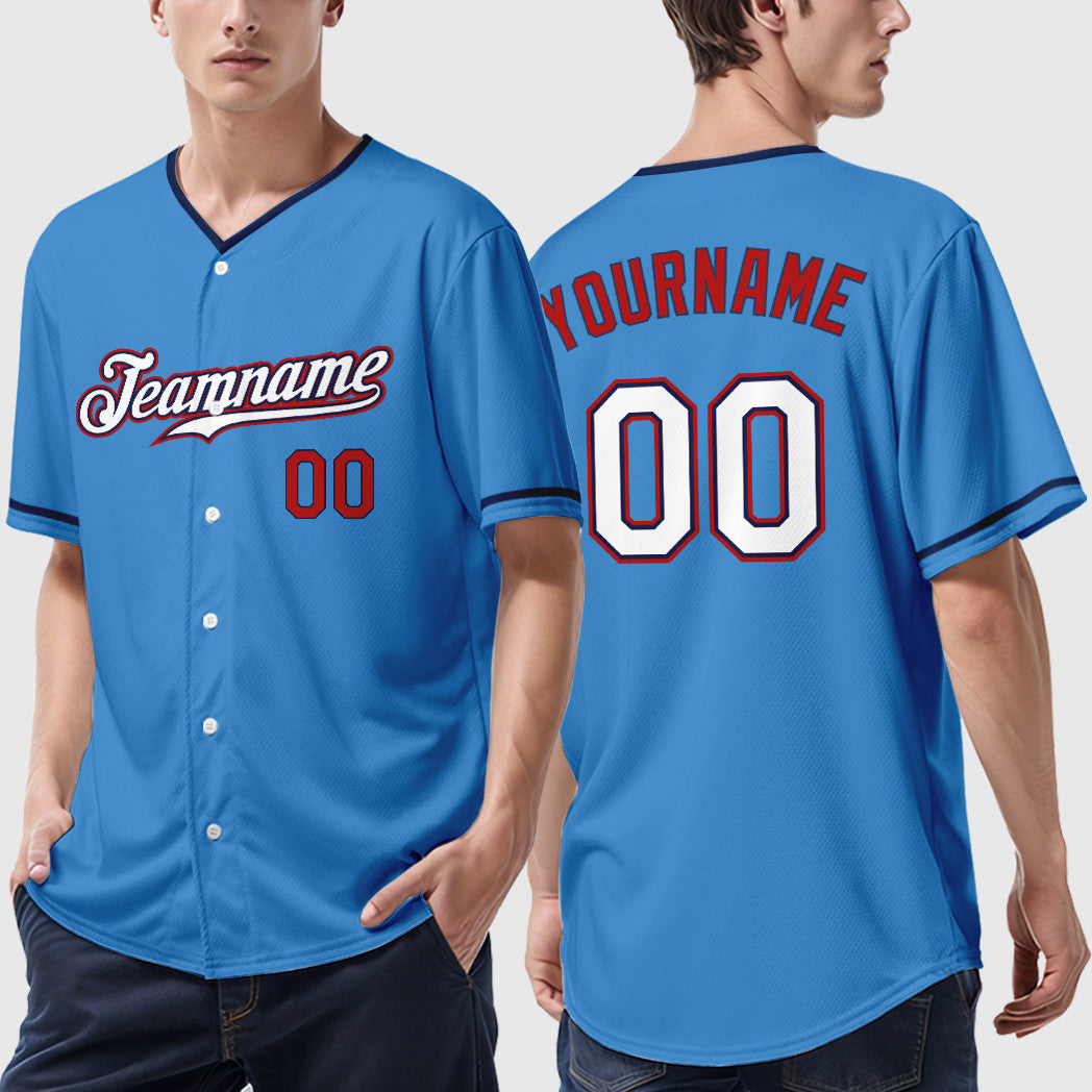 Custom Powder Blue Red White-Navy Collar Sleeve Baseball Jersey
