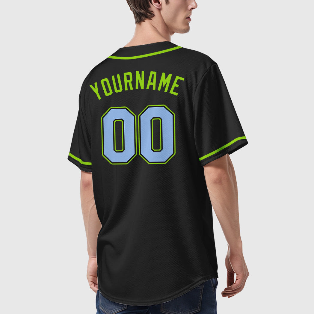 Custom Black Light Blue Light Blue-Neon Green Sleeve Baseball Jersey