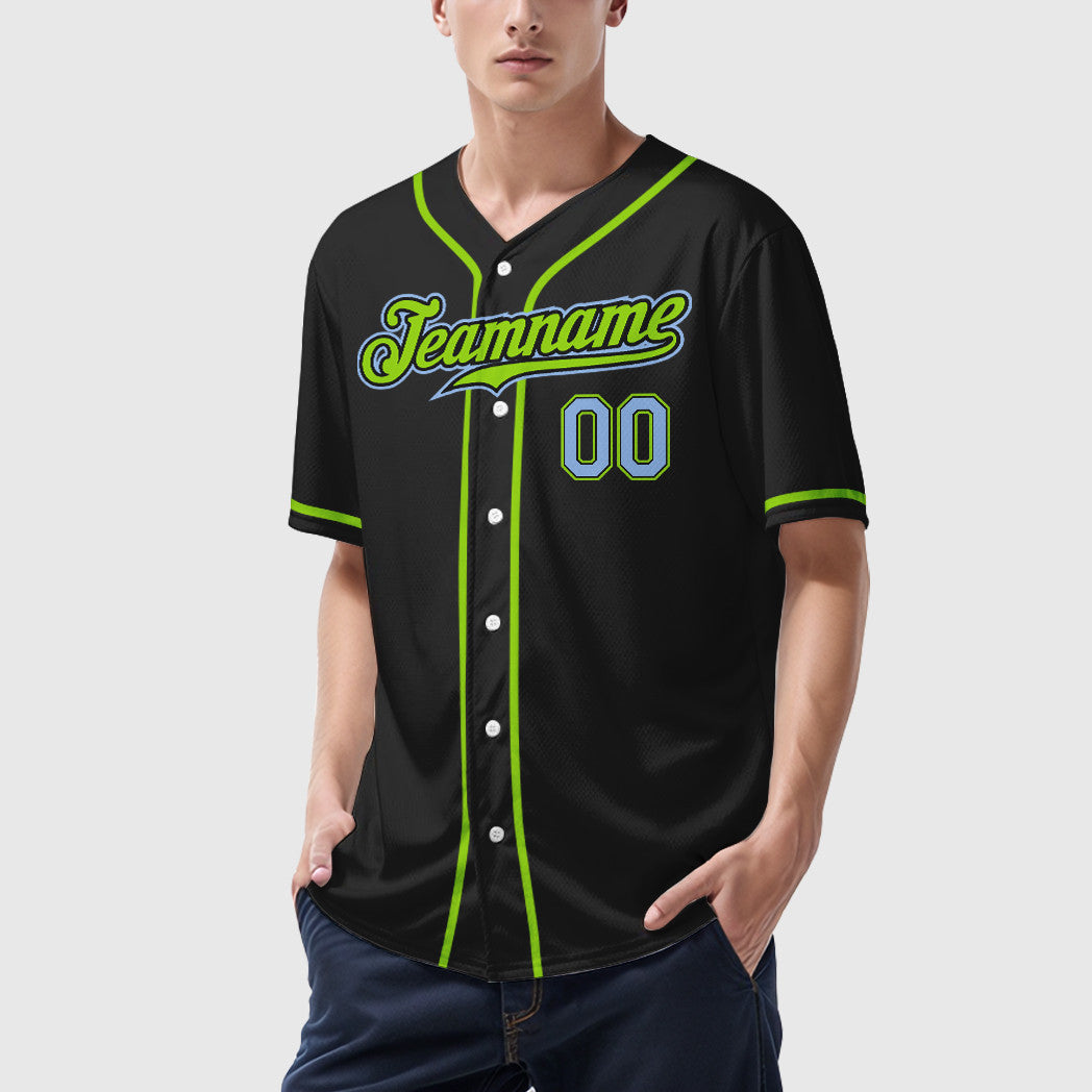 Custom Black Light Blue Light Blue-Neon Green Sleeve Baseball Jersey