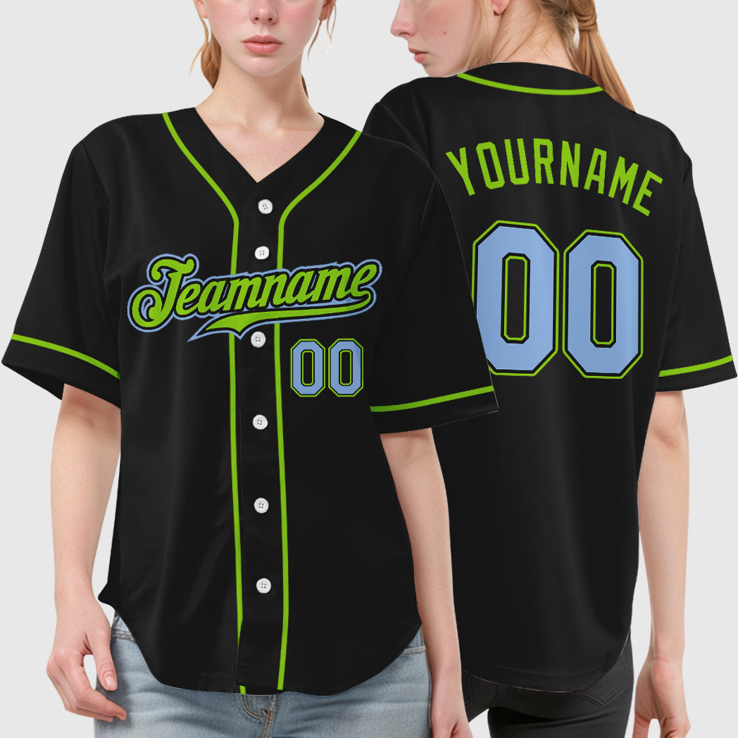 Custom Black Light Blue Light Blue-Neon Green Sleeve Baseball Jersey