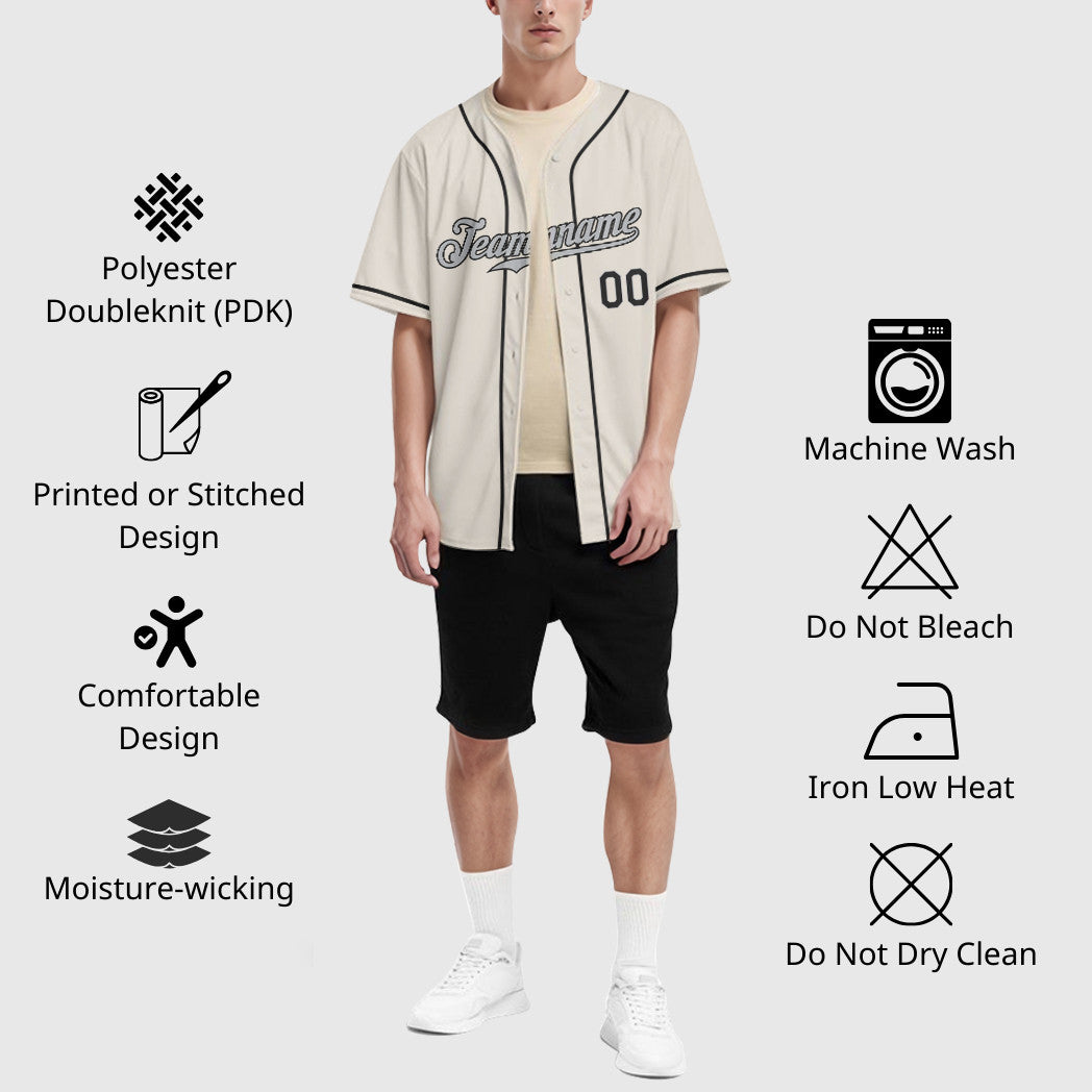 Custom Cream Gray Black Sleeve Baseball Jersey