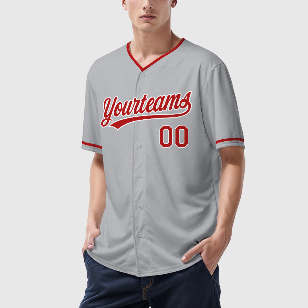 Custom Gray White Red Collar Sleeve Baseball Jersey