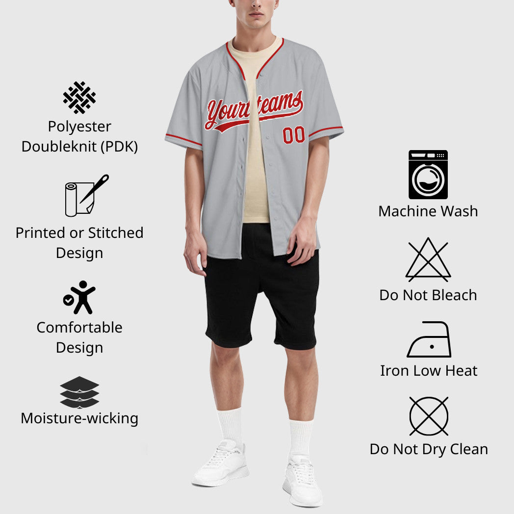 Custom Gray White Red Collar Sleeve Baseball Jersey