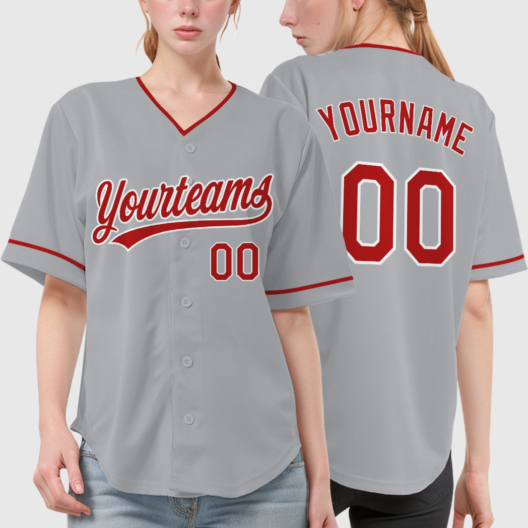 Custom Gray White Red Collar Sleeve Baseball Jersey