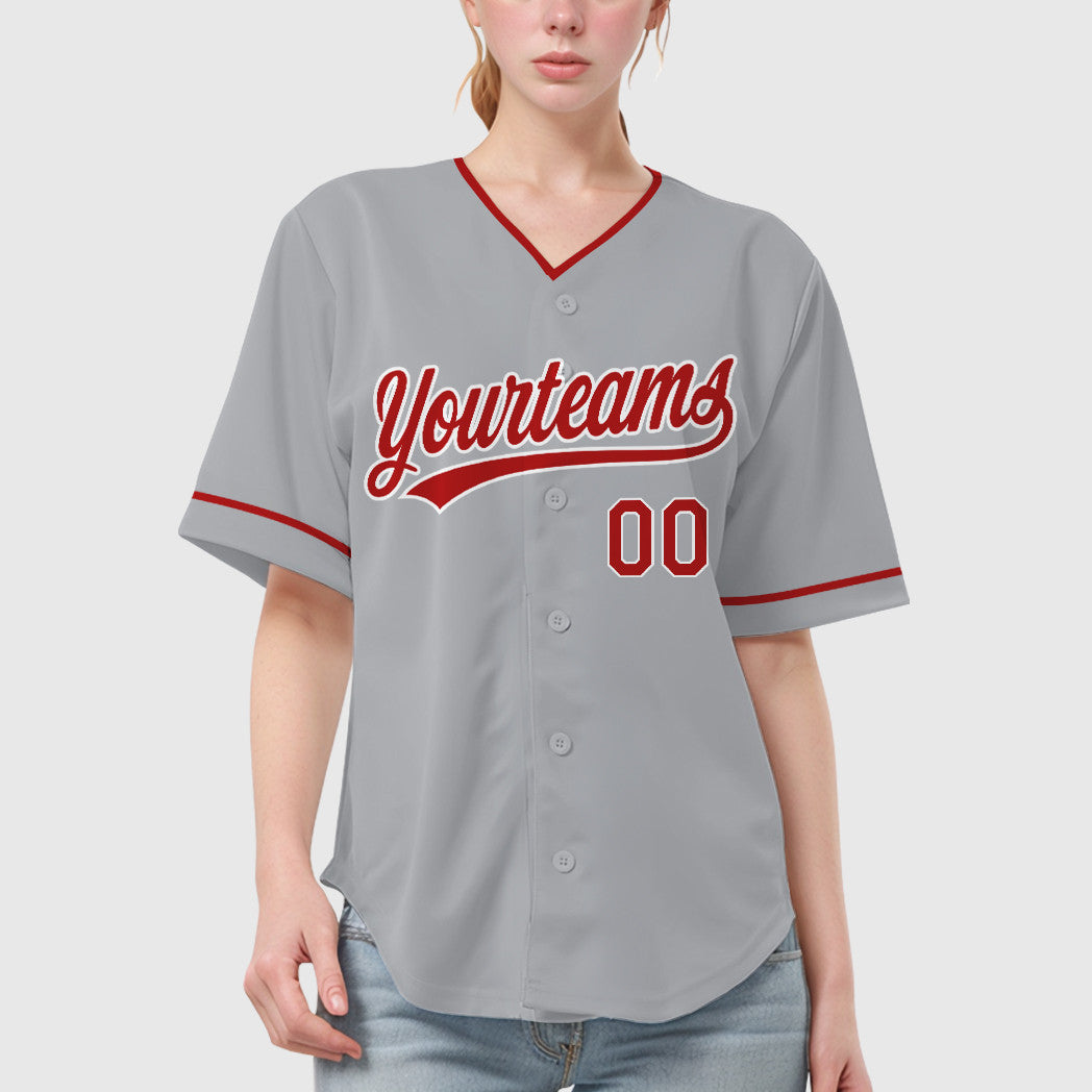 Custom Gray White Red Collar Sleeve Baseball Jersey
