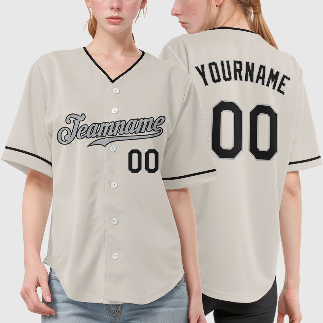 Custom Cream Gray Black Collar Sleeve Baseball Jersey