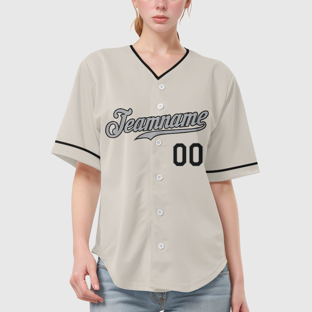 Custom Cream Gray Black Collar Sleeve Baseball Jersey