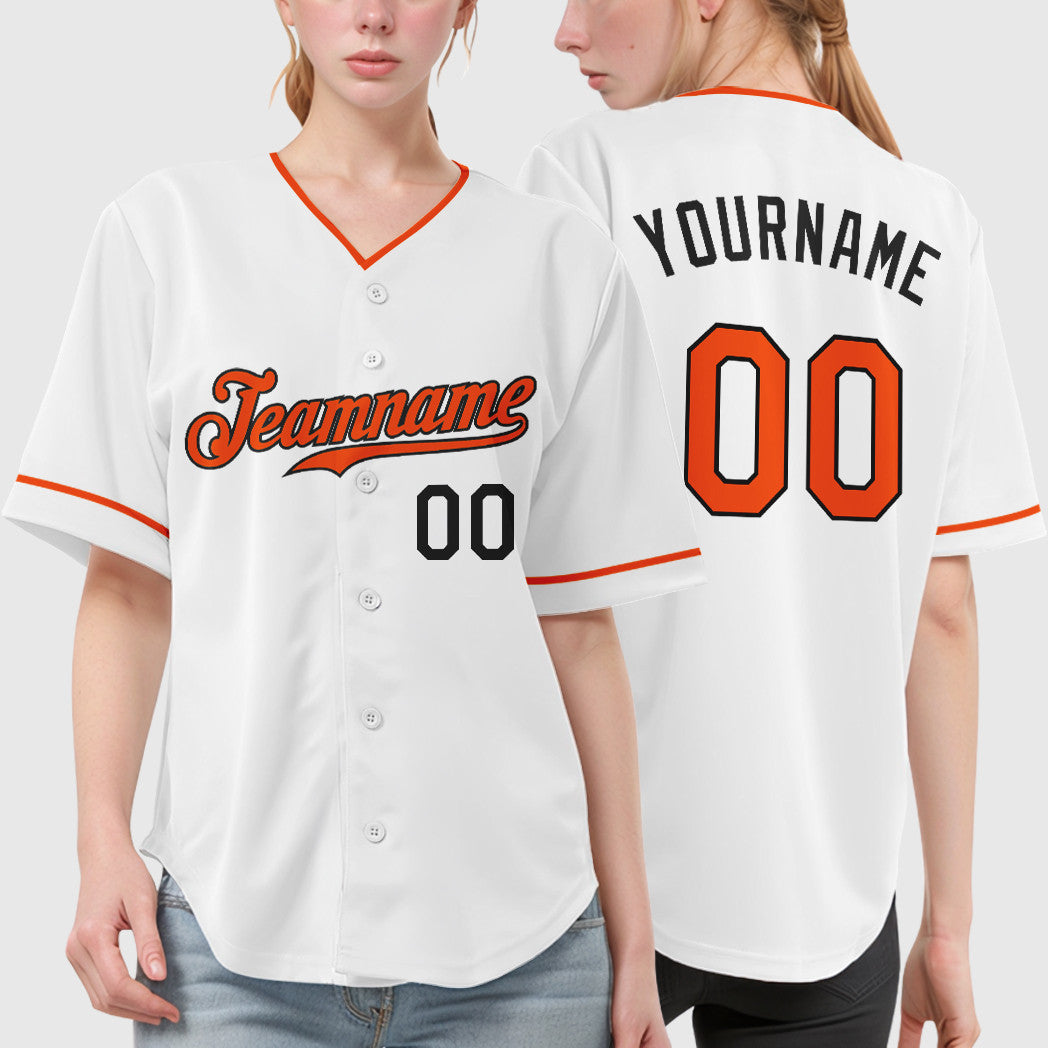 Custom White Black Orange Collar Sleeve Baseball Jersey