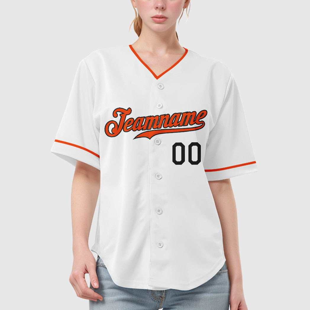 Custom White Black Orange Collar Sleeve Baseball Jersey