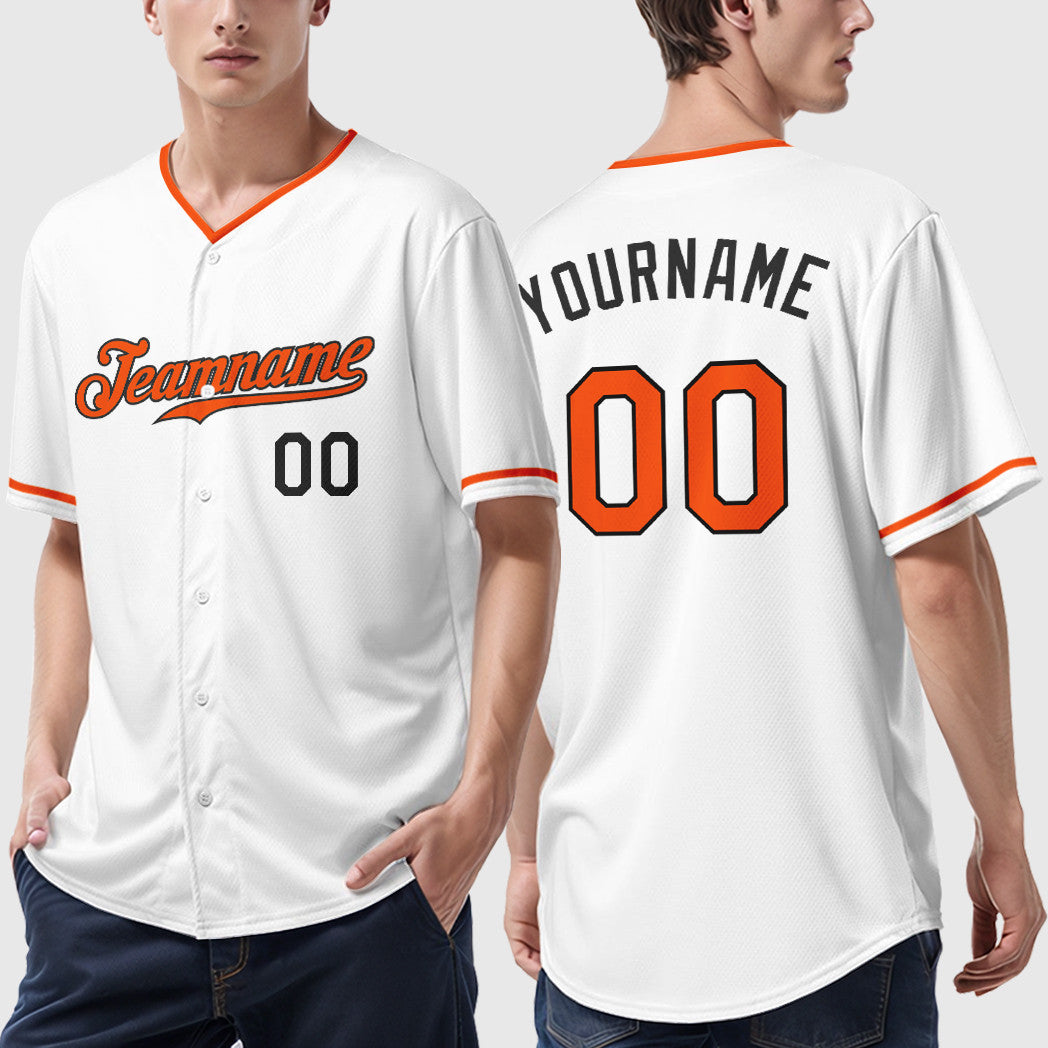 Custom White Black Orange Collar Sleeve Baseball Jersey