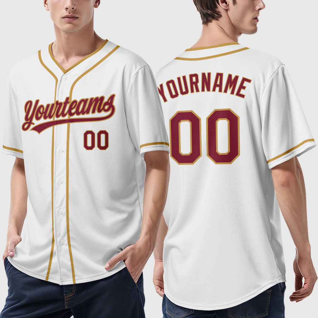 Custom White Crimson Crimson-Old Gold Piping Baseball Jersey