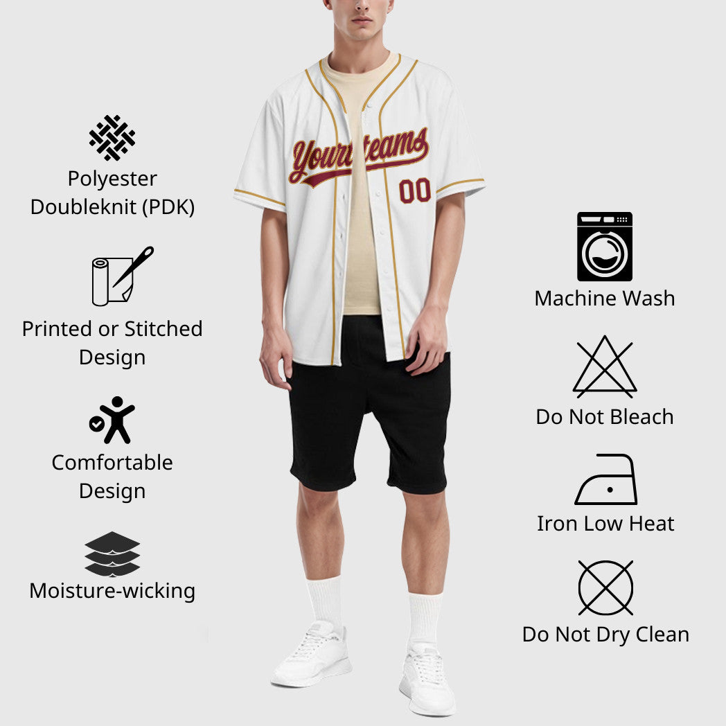 Custom White Crimson Crimson-Old Gold Piping Baseball Jersey